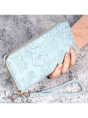 PU Leather Blue Floral Embossed Wallet With Wristlet Strap Zipper Closure Multip